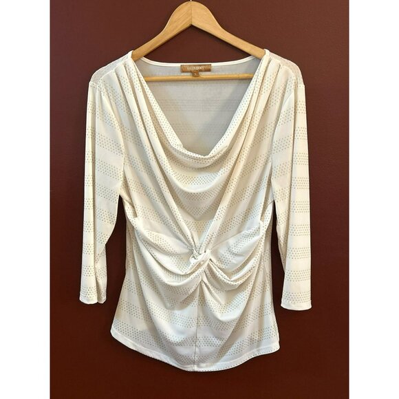 Ellen Tracy Women's Cream Gold Dot Cowl Neck Blouse Size Large Twist Knot Front - Picture 1 of 5
